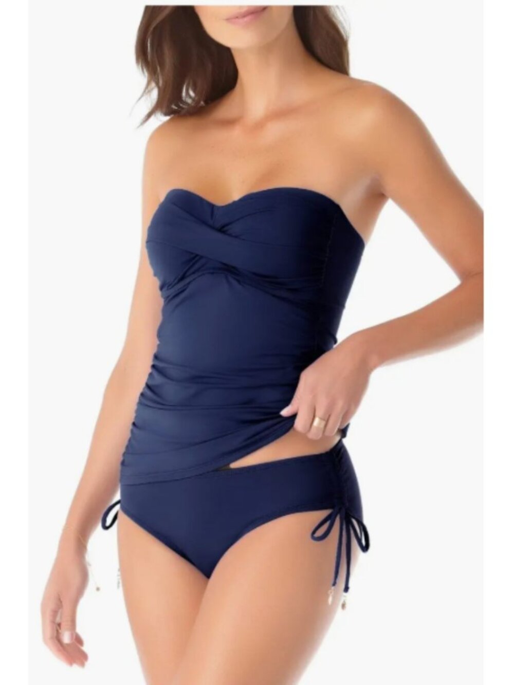 Anne Cole Womens Twist Front Bandeaukini Swim Top Navy Ruched Sz L NWT